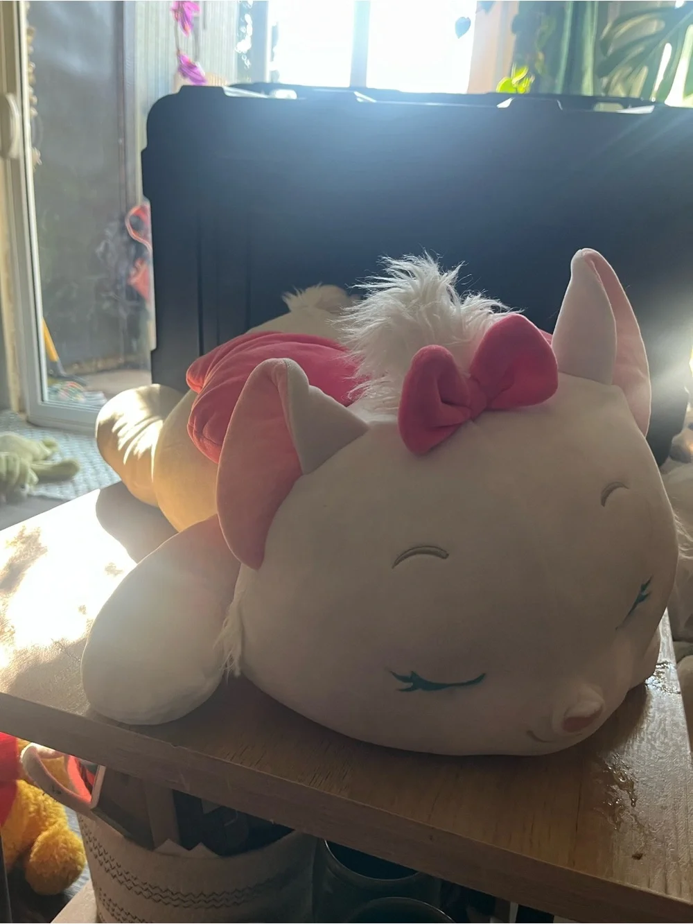 Disney Large Pink and White Sleeping Cat Plush with Bow